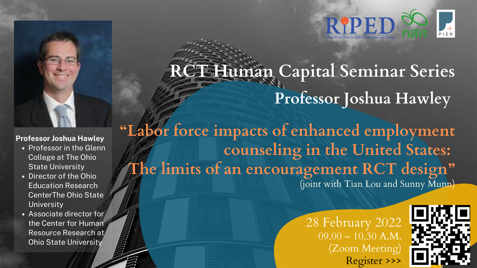 สถาบันวิจัยเพื่อการประเมินและออกแบบนโยบาย (RIPED) มหาวิทยาลัยหอการค้าไทย (UTCC) เชิญร่วมงานสัมมนา RCT Human Capital Seminar Series ครั้งที่ 1