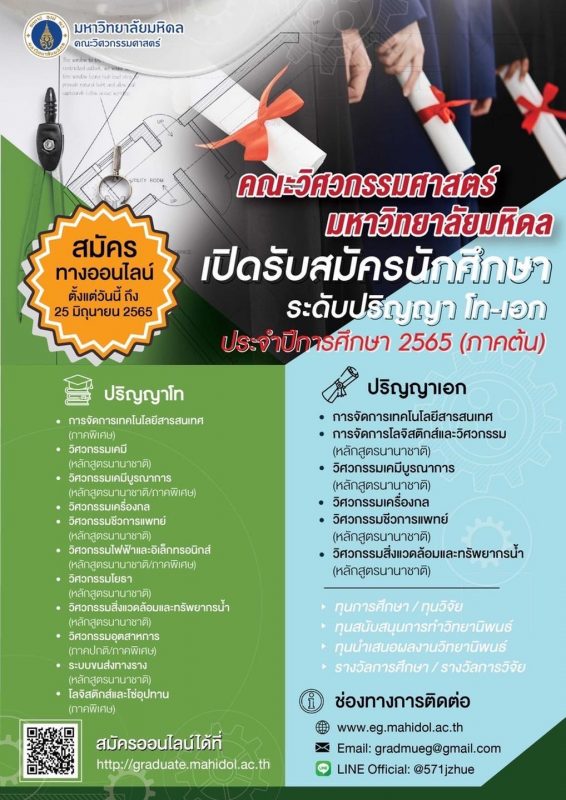 วิศวะมหิดล เปิดรับสมัคร น.ศ. ระดับ ป.โท และ ป.เอก ประจำปี 2565 วันนี้ – 25 มิ.ย. 65