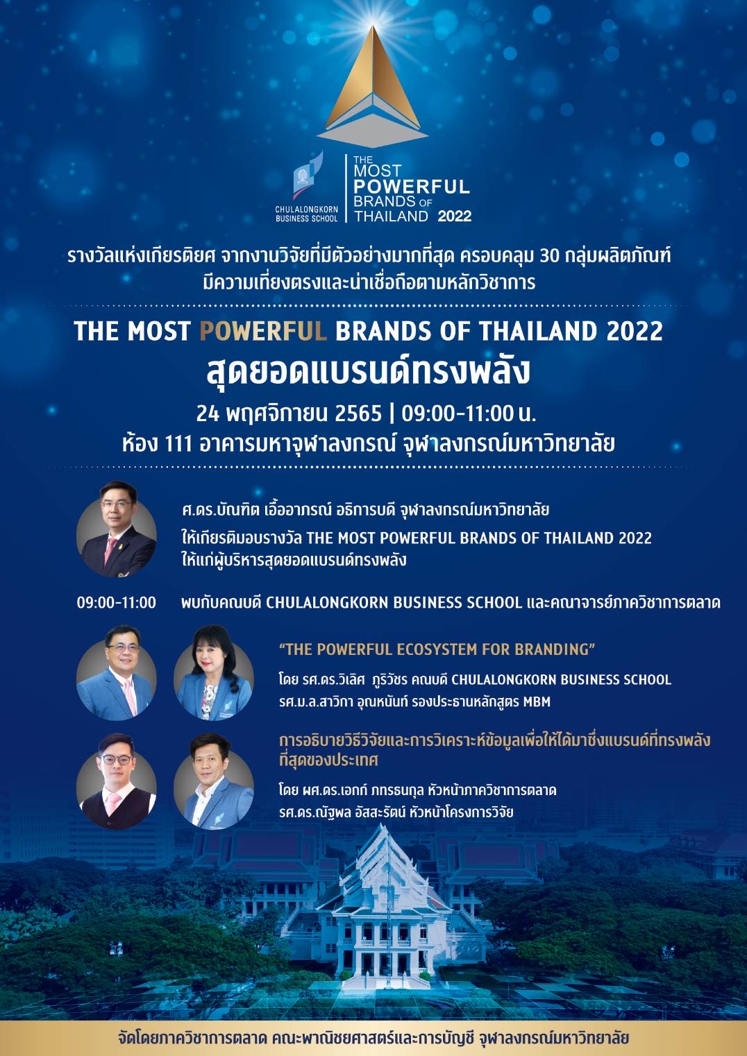 ภาควิชาการตลาด คณะพาณิชยศาสตร์และการบัญชี จุฬาลงกรณ์มหาวิทยาลัย เตรียมจัดงานประกาศผลและมอบรางวัล “สุดยอดแบรนด์ทรงพลัง (The Most Powerful Brands of Thailand)” ประจำปี 2565