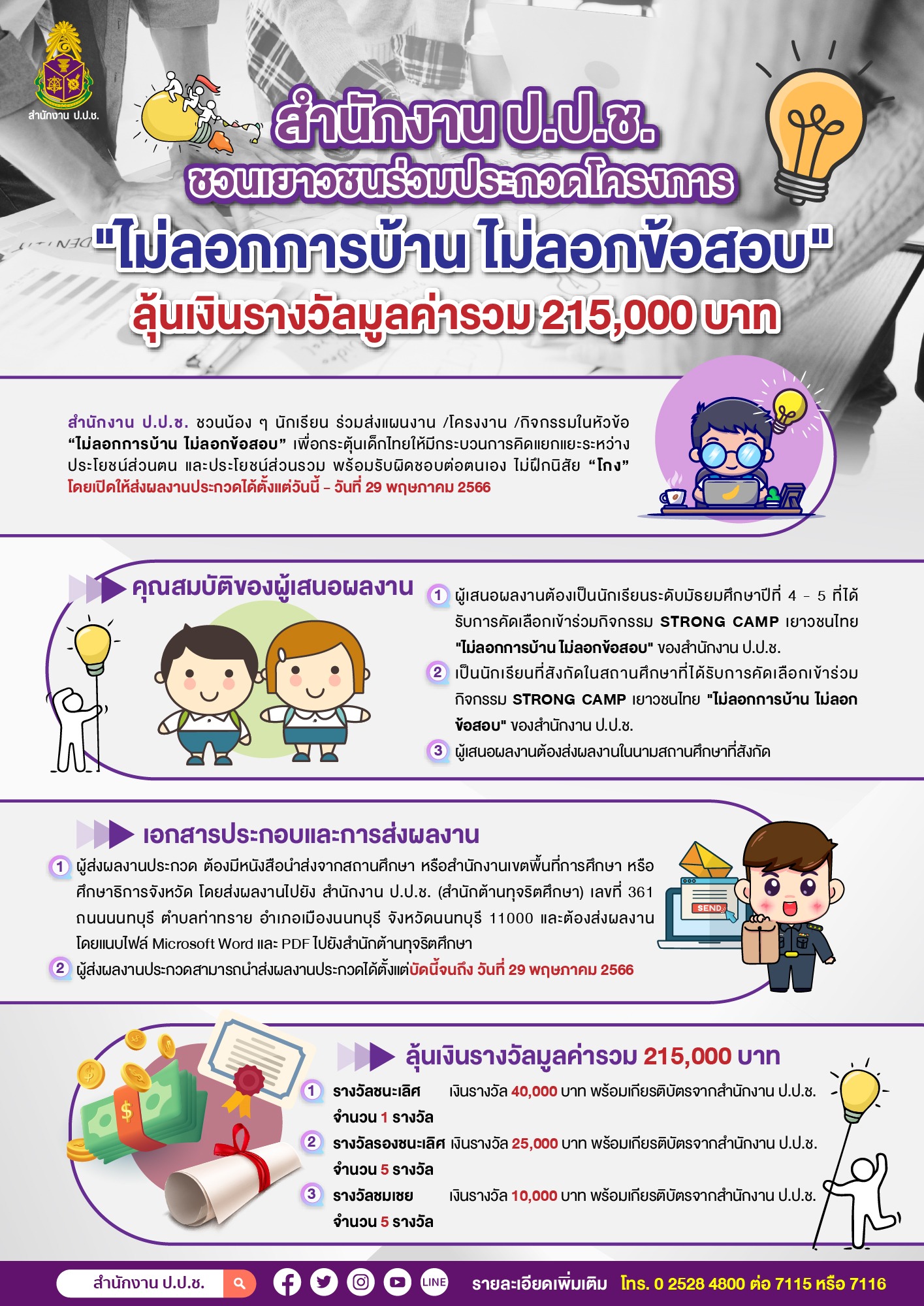 ป.ป.ช. ชวนเยาวชน STRONG CAMP ม.4 – 5 ประกวดโครงการ “ไม่ลอกการบ้าน ไม่ลอกข้อสอบ” ลุ้นเงินรางวัลมูลค่ารวม 215,000 บาท