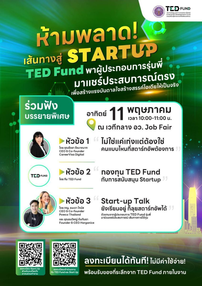 งานดีที่ห้ามพลาดของนักศึกษา & บัณฑิตจบใหม่ ที่อยากสร้างธุรกิจของตัวเอง และเหล่า Startup ที่อยากต่อยอดไอเดียธุรกิจ มาพบกันที่ บูธ TED Fund ภายในงาน อว. Job Fair 2025 งานดีที่ห้ามพลาดของนักศึกษา & บัณฑิตจบใหม่ ที่อยากสร้างธุรกิจของตัวเอง และเหล่า Startup ที่อยากต่อยอดไอเดียธุรกิจ มาพบกันที่ บูธ TED Fund ภายในงาน อว. Job Fair 2025