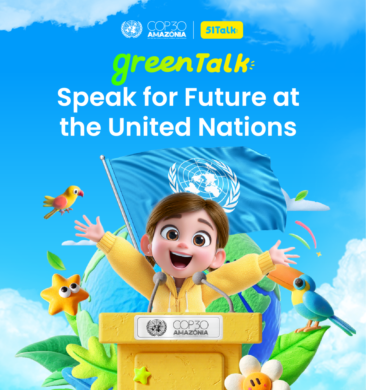 51Talk สานฝันเด็กไทยขึ้นเวที COP30 ผ่านโครงการ “Green Talk เปล่งเสียงแห่งความหวังสร้างอนาคตสีเขียวบนเวที UN” 51Talk สานฝันเด็กไทยขึ้นเวที COP30 ผ่านโครงการ “Green Talk เปล่งเสียงแห่งความหวังสร้างอนาคตสีเขียวบนเวที UN”