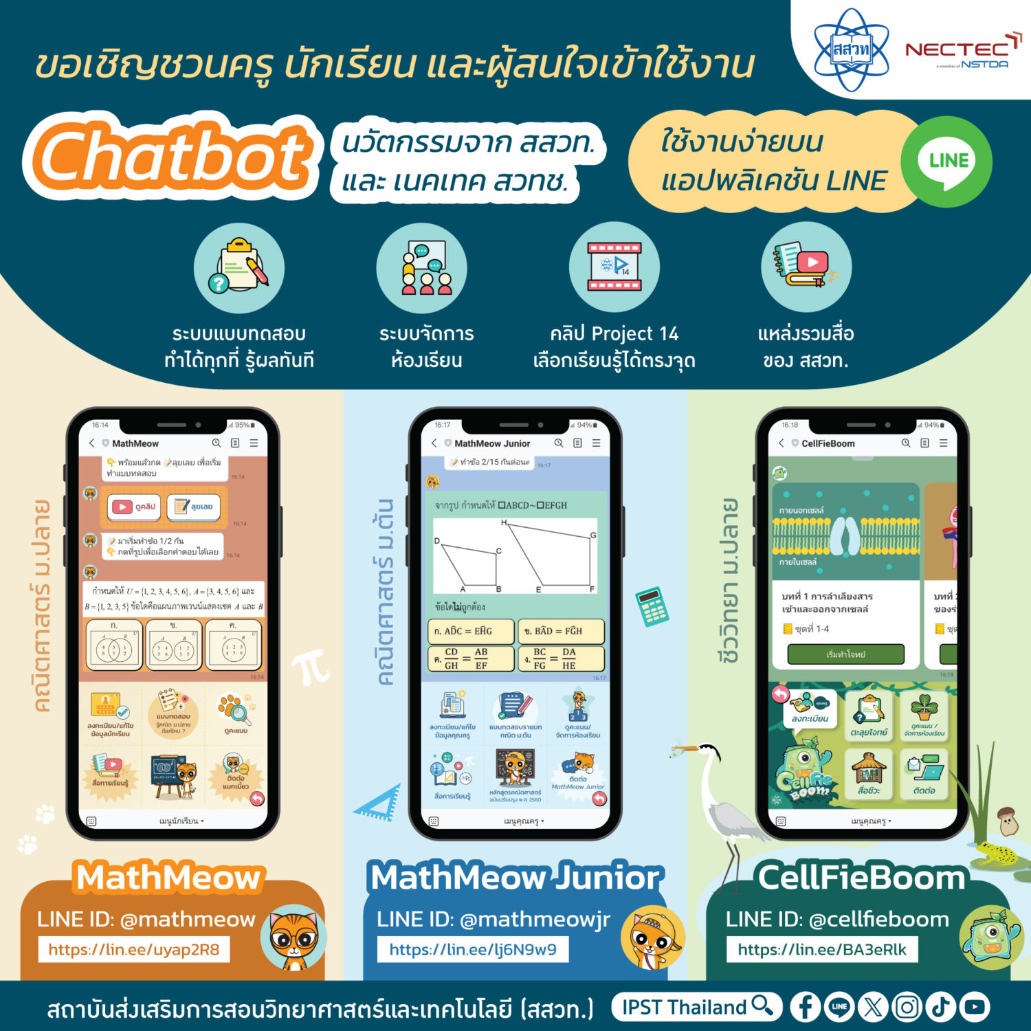 สสวท. เปิดตัว 3 แชตบอตใหม่บน LINE ช่วยเรียนคณิตศาสตร์-ชีววิทยาให้สนุกขึ้น สสวท. เปิดตัว 3 แชตบอตใหม่บน LINE ช่วยเรียนคณิตศาสตร์-ชีววิทยาให้สนุกขึ้น