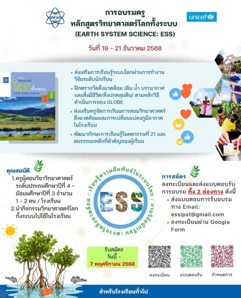 สสวท. เดินหน้าพัฒนาศักยภาพครูวิทยาศาสตร์ เปิดอบรมหลักสูตร วิทยาศาสตร์โลกทั้งระบบ (ESS) เน้นบูรณาการ GLOBE สู่ห้องเรียน