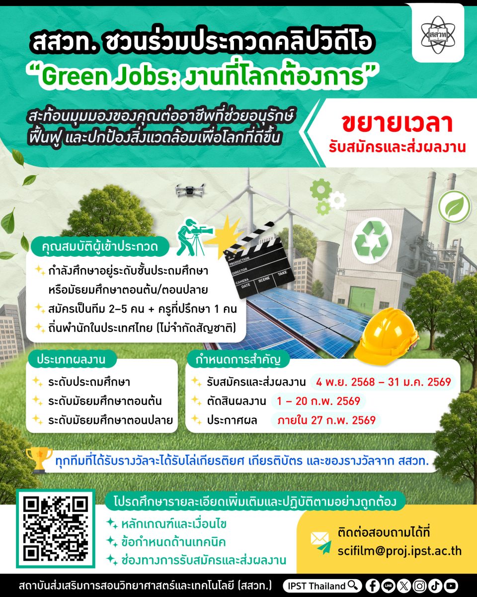 เวทีของเยาวชนรักษ์โลก! สสวท. ขยายเวลาประกวดคลิป “Green Jobs: งานที่โลกต้องการ”
