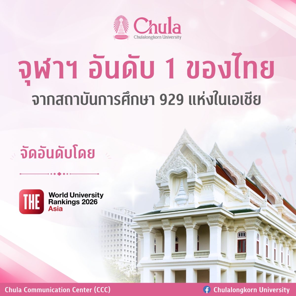 จุฬาฯ ครองอันดับ 1 ของไทย THE Asia University Rankings 2026