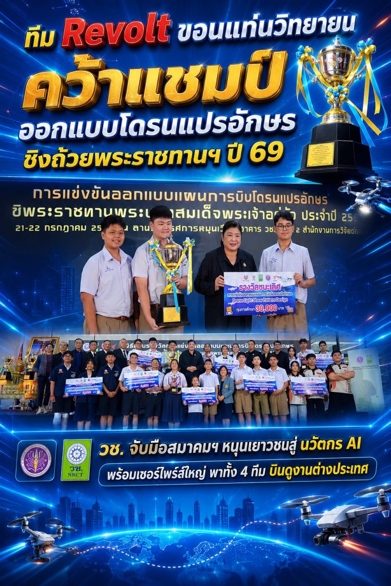 ทีม Revolt ขอนแก่นวิทยายน คว้าแชมป์ออกแบบโดรนแปรอักษร ชิงถ้วยพระราชทานฯ ปี 69 วช. จับมือสมาคมฯ หนุนเยาวชนสู่ นวัตกร AI พร้อมเซอร์ไพร์สใหญ่ พาทั้ง 4 ทีม บินดูงานต่างประเทศ ทีม Revolt ขอนแก่นวิทยายน คว้าแชมป์ออกแบบโดรนแปรอักษร ชิงถ้วยพระราชทานฯ ปี 69 วช. จับมือสมาคมฯ หนุนเยาวชนสู่ นวัตกร AI พร้อมเซอร์ไพร์สใหญ่ พาทั้ง 4 ทีม บินดูงานต่างประเทศ