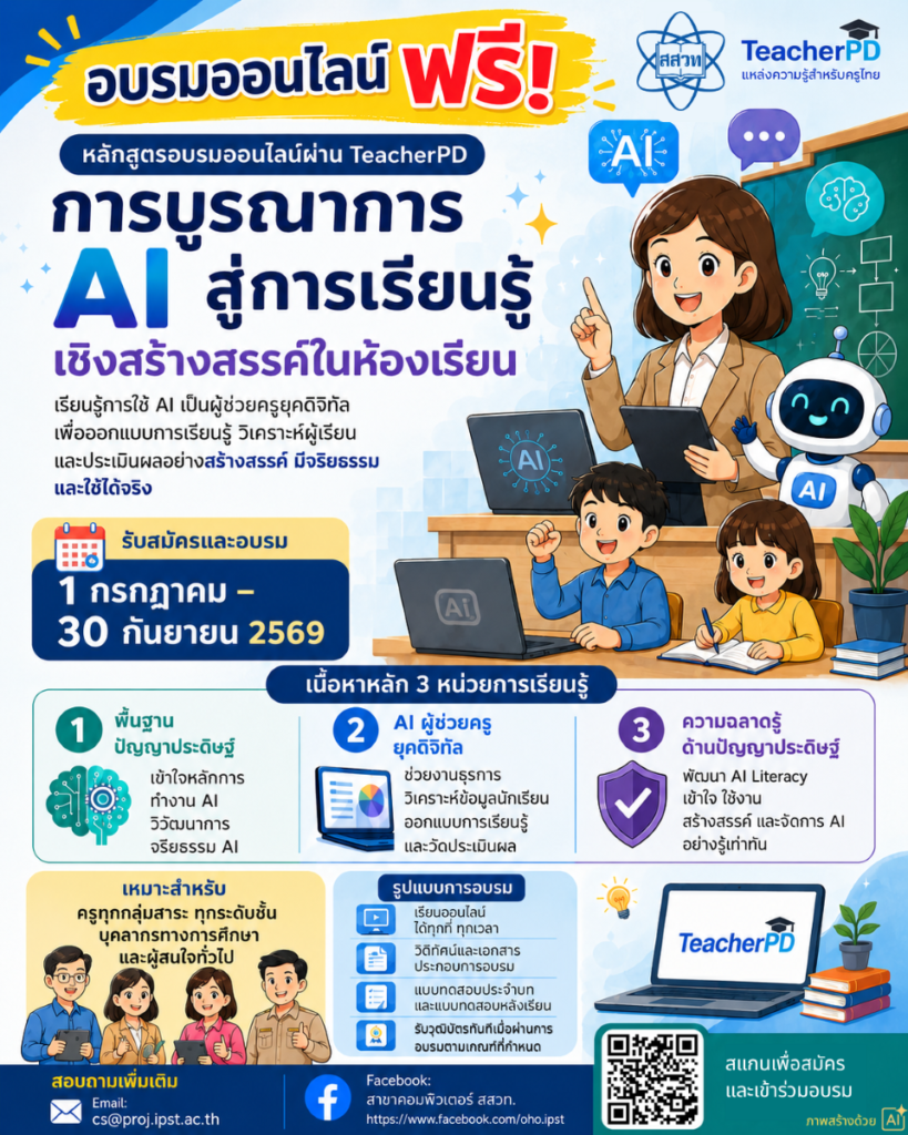 สสวท. ชวนอบรมออนไลน์ฟรี! “การบูรณาการ AI สู่การเรียนรู้เชิงสร้างสรรค์ในห้องเรียน”