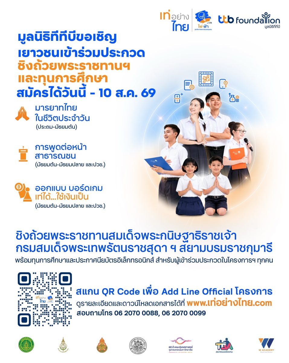 โค้งสุดท้าย! มูลนิธิทีทีบีชวนเยาวชนทั่วประเทศสมัคร “เท่อย่างไทย โดย ไฟ-ฟ้า ทีทีบี” ครั้งที่ 54 ชิงถ้วยพระราชทานฯ ปิดรับสมัคร 10 สิงหาคมนี้ โค้งสุดท้าย! มูลนิธิทีทีบีชวนเยาวชนทั่วประเทศสมัคร “เท่อย่างไทย โดย ไฟ-ฟ้า ทีทีบี” ครั้งที่ 54 ชิงถ้วยพระราชทานฯ ปิดรับสมัคร 10 สิงหาคมนี้