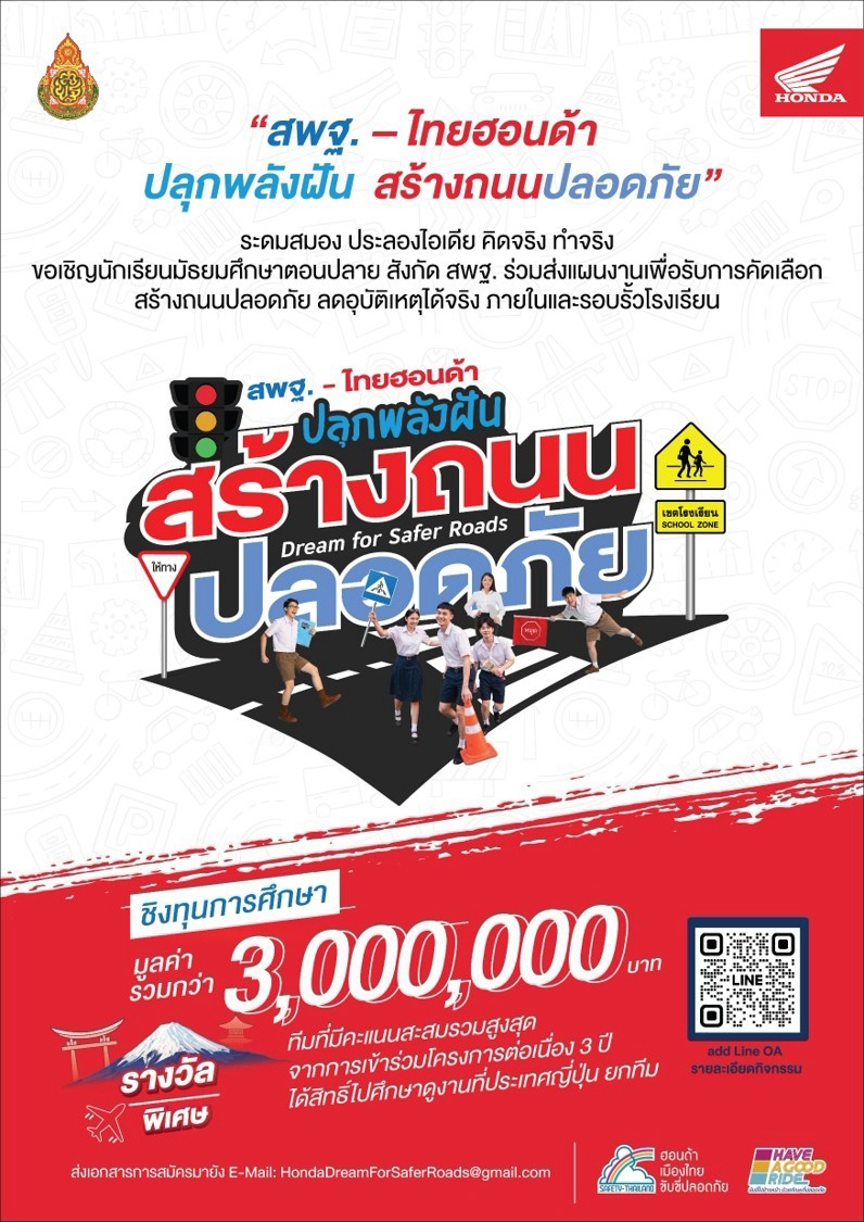 สพฐ. x ไทยฮอนด้า ร่วมสร้าง “ถนนปลอดภัย” ชิงทุนและรางวัลรวมกว่า 3 ล้านบาท สพฐ. x ไทยฮอนด้า ร่วมสร้าง “ถนนปลอดภัย” ชิงทุนและรางวัลรวมกว่า 3 ล้านบาท