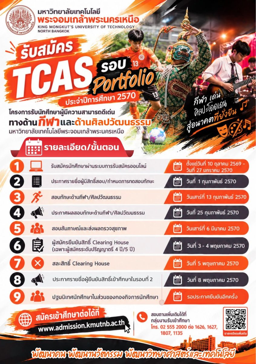 มจพ. รับสมัครนักศึกษาโครงการความสามารถดีเด่นทางด้านกีฬา ด้านศิลปวัฒนธรรม TCAS รอบ Portfolio ปี 2570 มจพ. รับสมัครนักศึกษาโครงการความสามารถดีเด่นทางด้านกีฬา ด้านศิลปวัฒนธรรม TCAS รอบ Portfolio ปี 2570